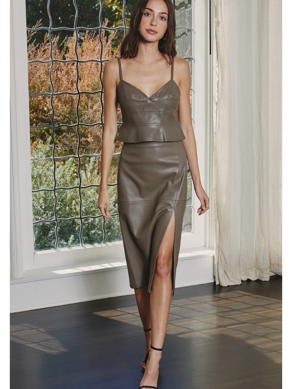 Olive Faux Leather Midi Skirt - Women